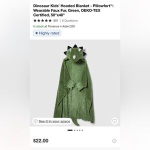 Pillowfort Green Dinosaur Hooded Blanket